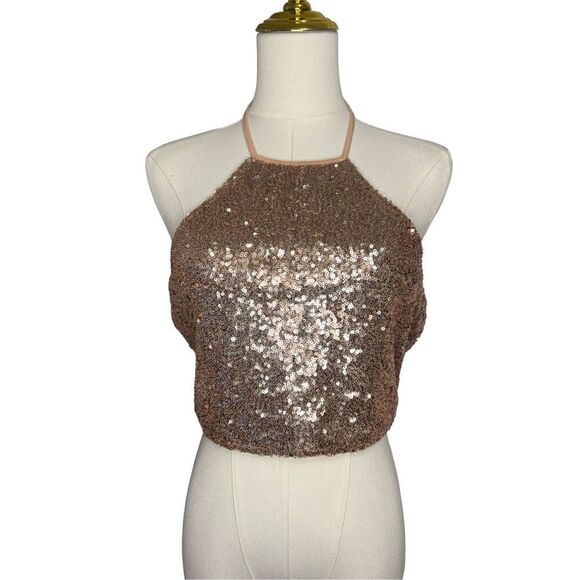 Bear Dance Women’s Large Rose Gold Sequin Halter Crop Top Sexy Clubwear - Picture 1 of 6